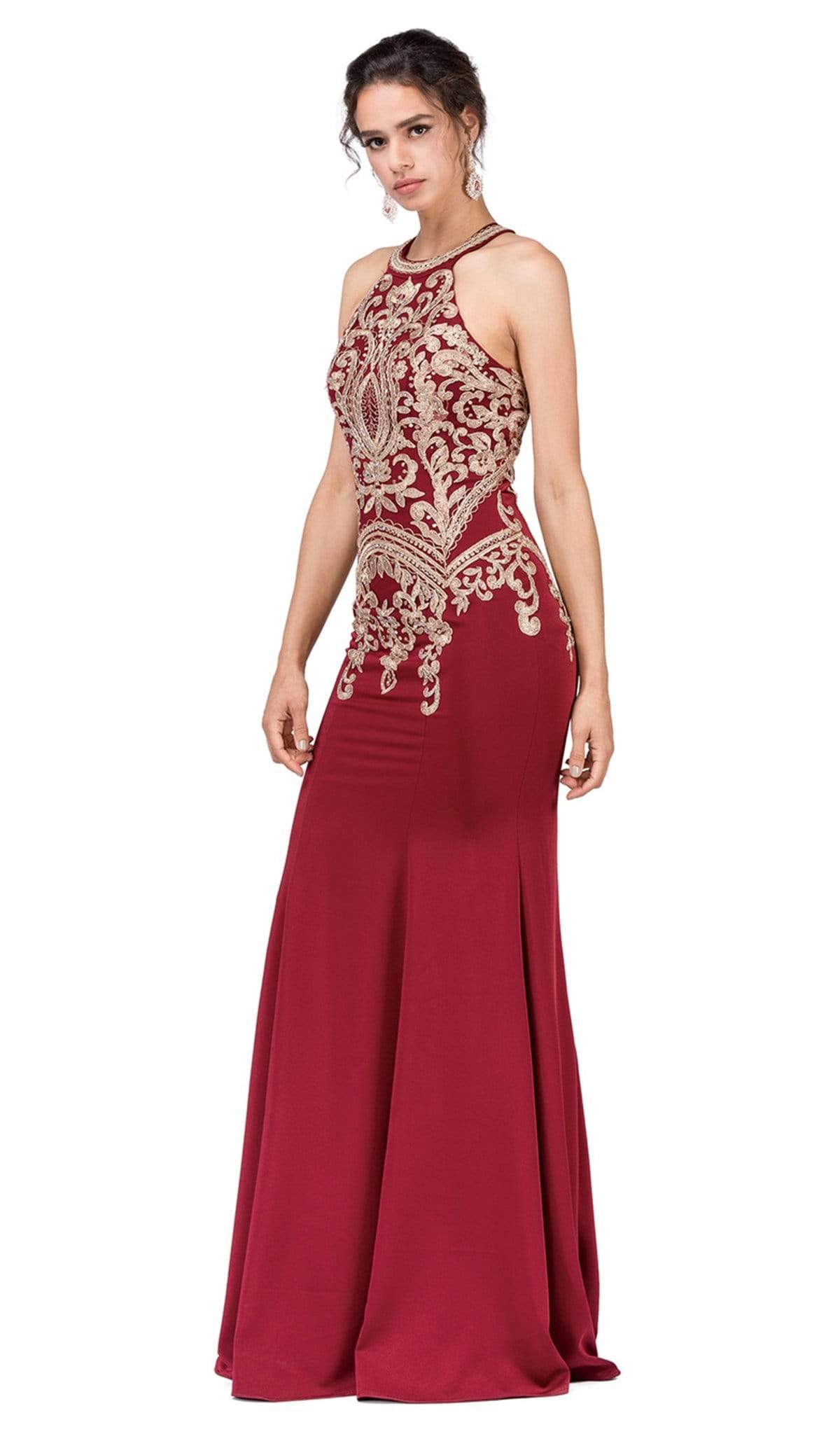 Dancing Queen - 2457 Gold Applique Halter Trumpet Prom Dress Special Occasion Dress XS / Burgundy