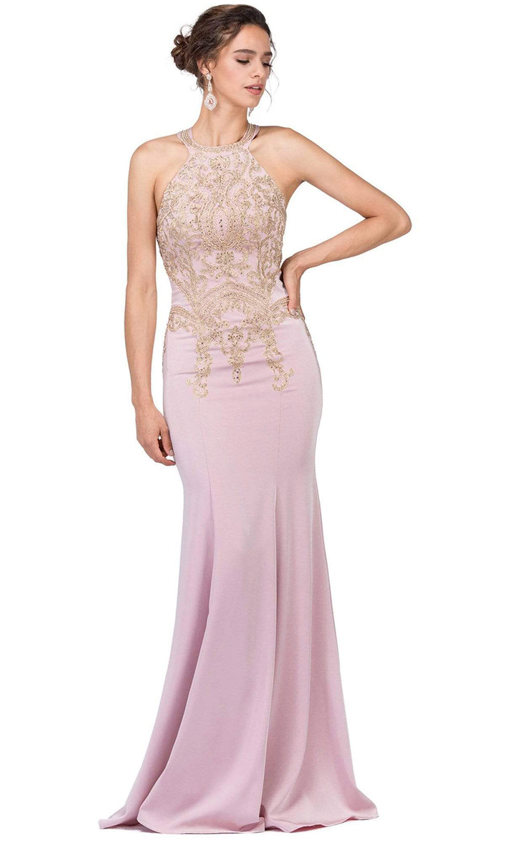 Dancing Queen - Gilt Applique Halter Trumpet Dress 2457SC In Pink