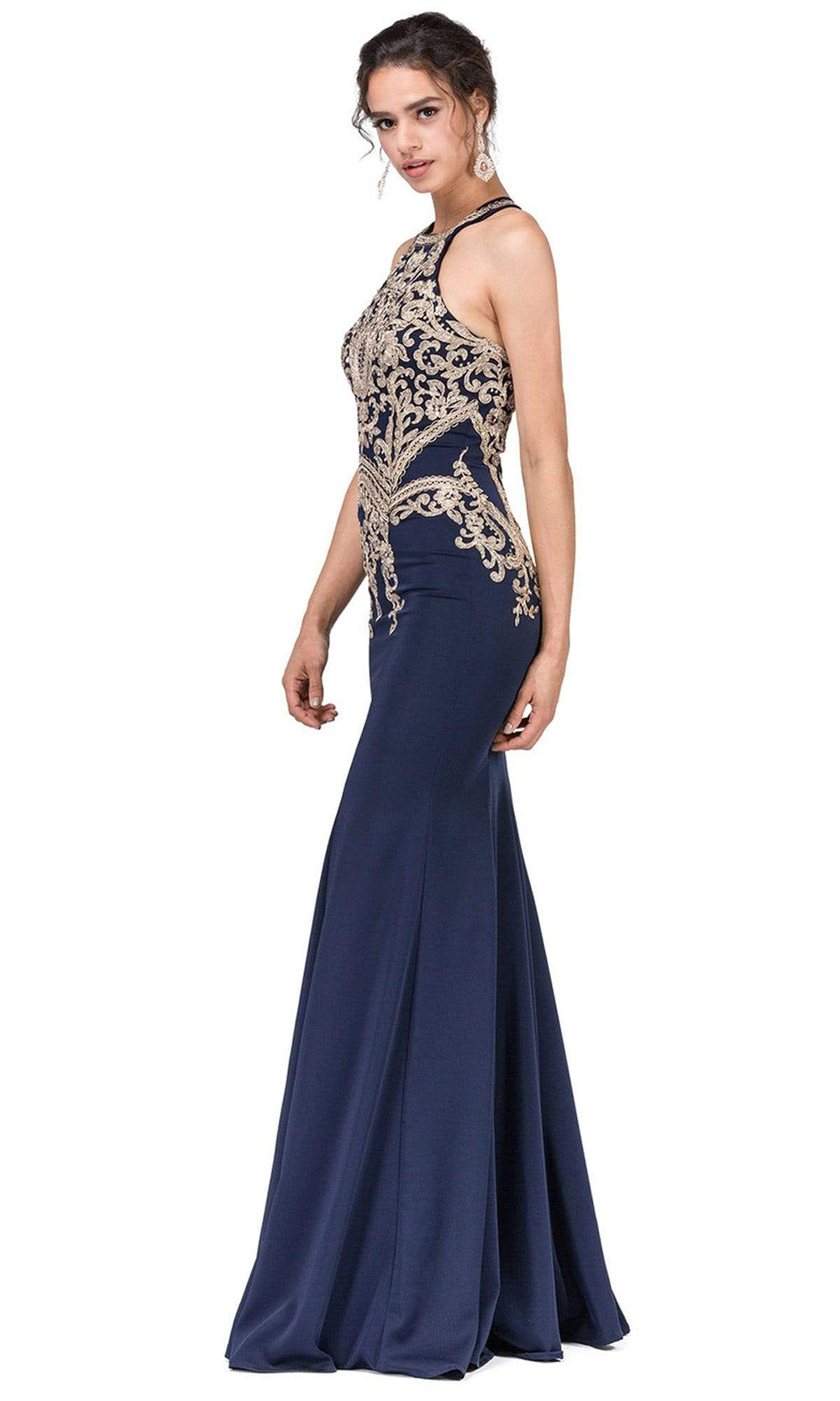 Dancing Queen - Gilt Applique Halter Trumpet Dress 2457SC