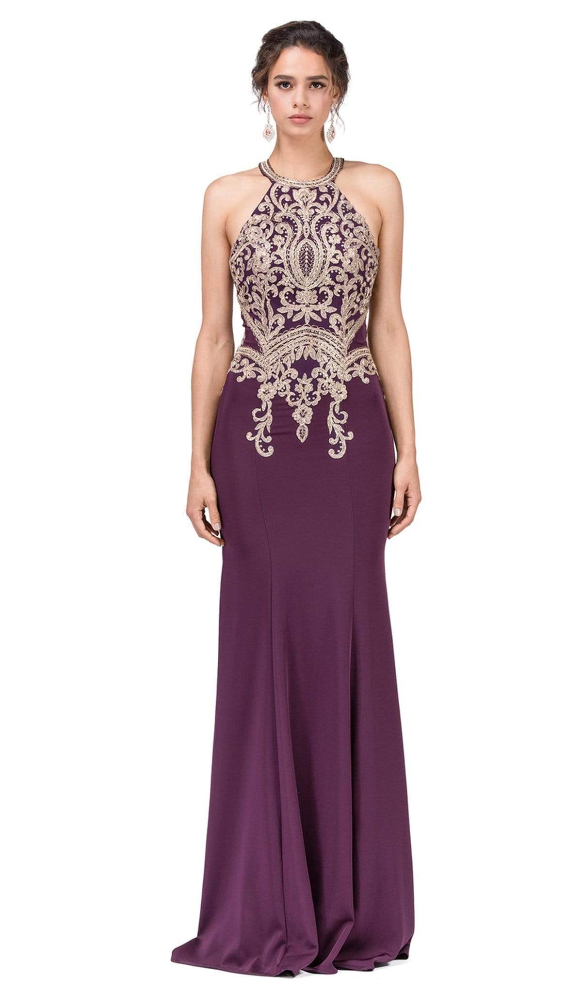 Dancing Queen - 2457 Gold Applique Halter Trumpet Prom Dress Special Occasion Dress XS / Plum