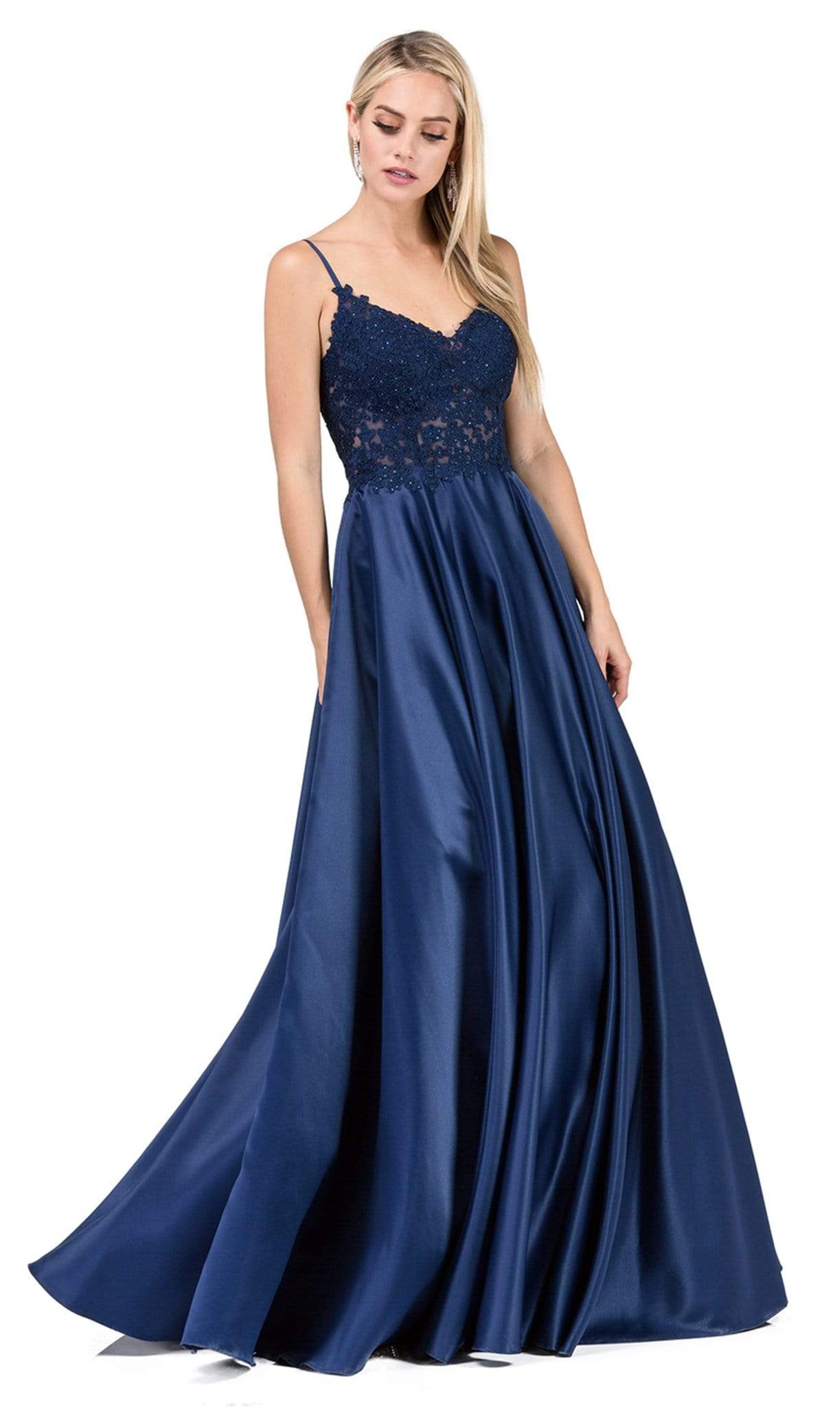 Dancing Queen - 2459A Jewel Appliqued Spaghetti Strapped A-Line Gown Special Occasion Dress XS / Navy