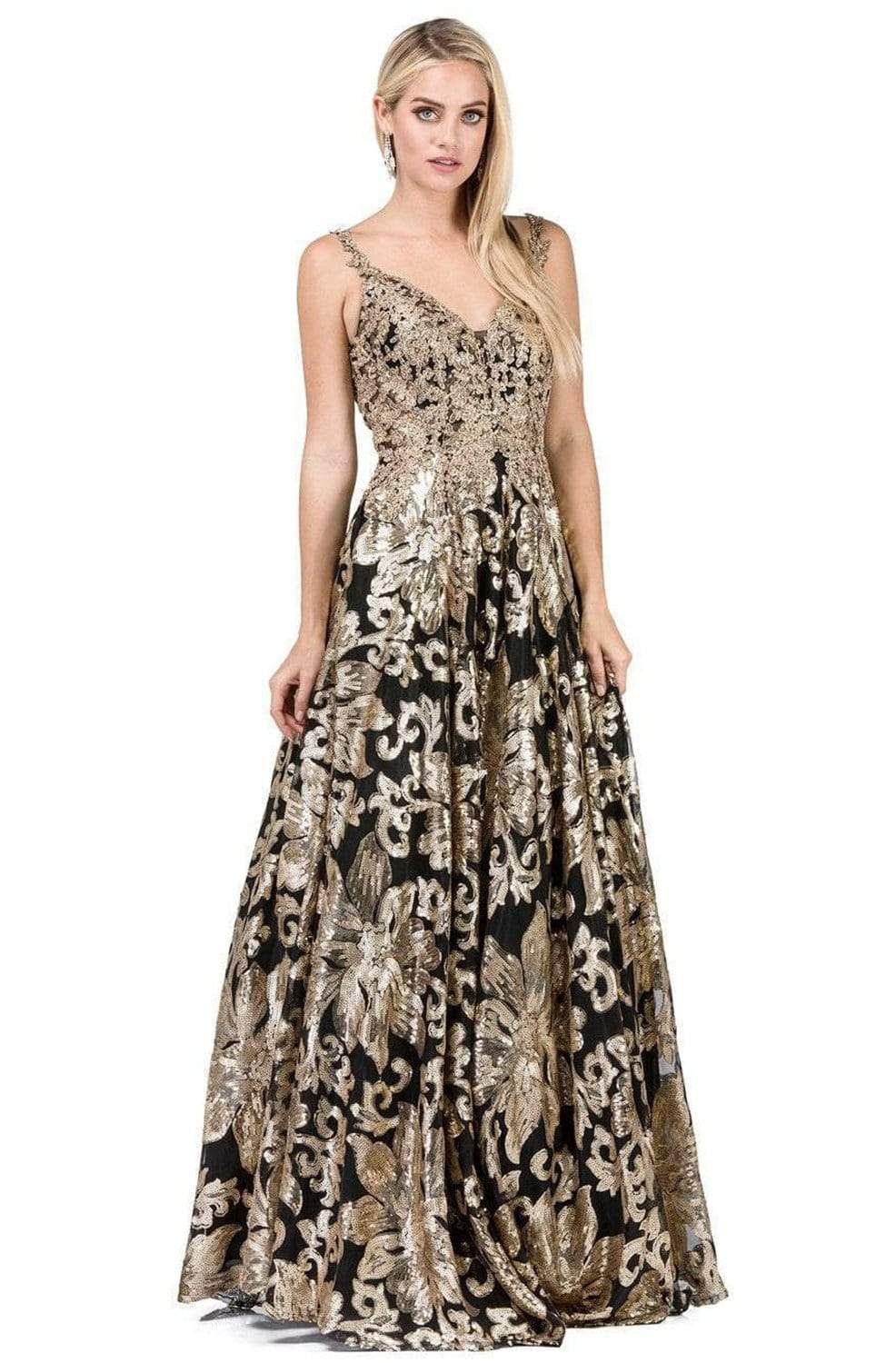 Dancing Queen - 2466 Appliqued Metallic Floral Prom Gown Special Occasion Dress XS / Black/Gold