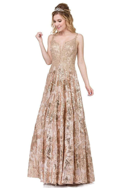 Dancing Queen - 2466 Appliqued Metallic Floral Prom Gown Special Occasion Dress XS / Gold