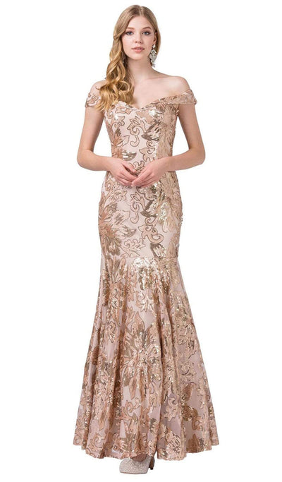 Dancing Queen - 2481 Sequined Off-Shoulder Trumpet Gown Special Occasion Dress XS / Champagne