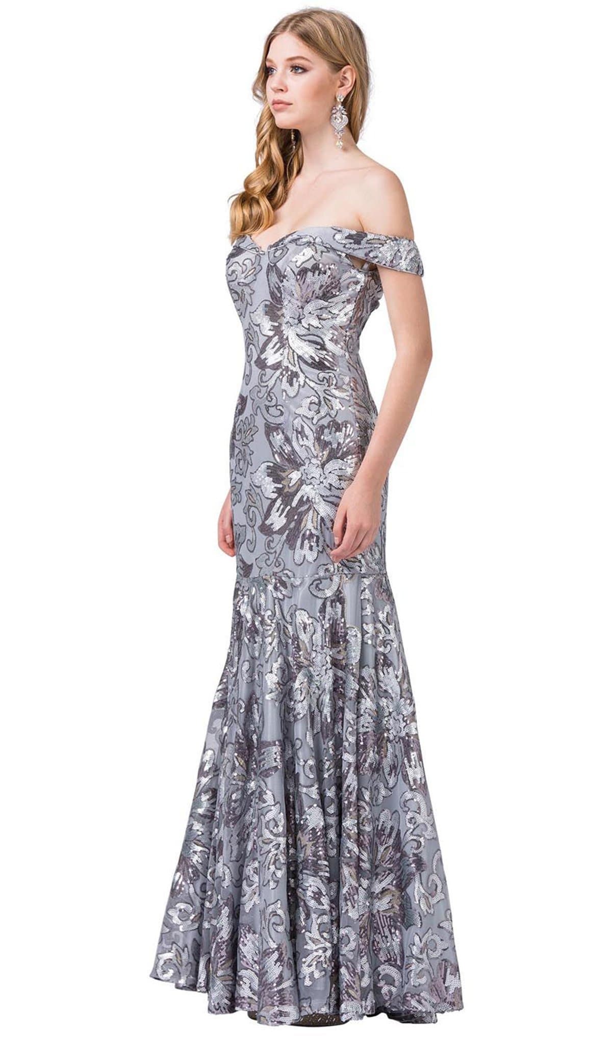Dancing Queen - 2481 Sequined Off-Shoulder Trumpet Gown Special Occasion Dress XS / Silver