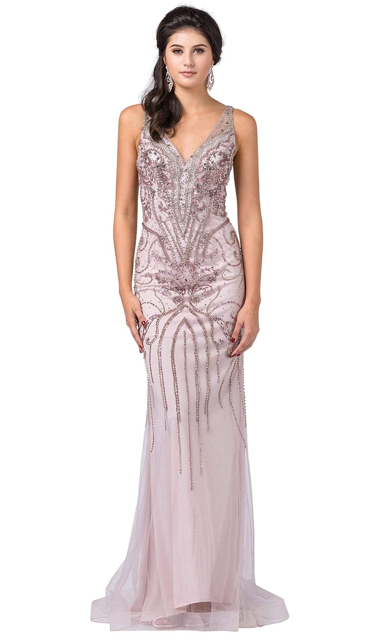 Dancing Queen - 2487 Embellished Plunging V-neck Trumpet Dress Special Occasion Dress XS / Dusty Pink