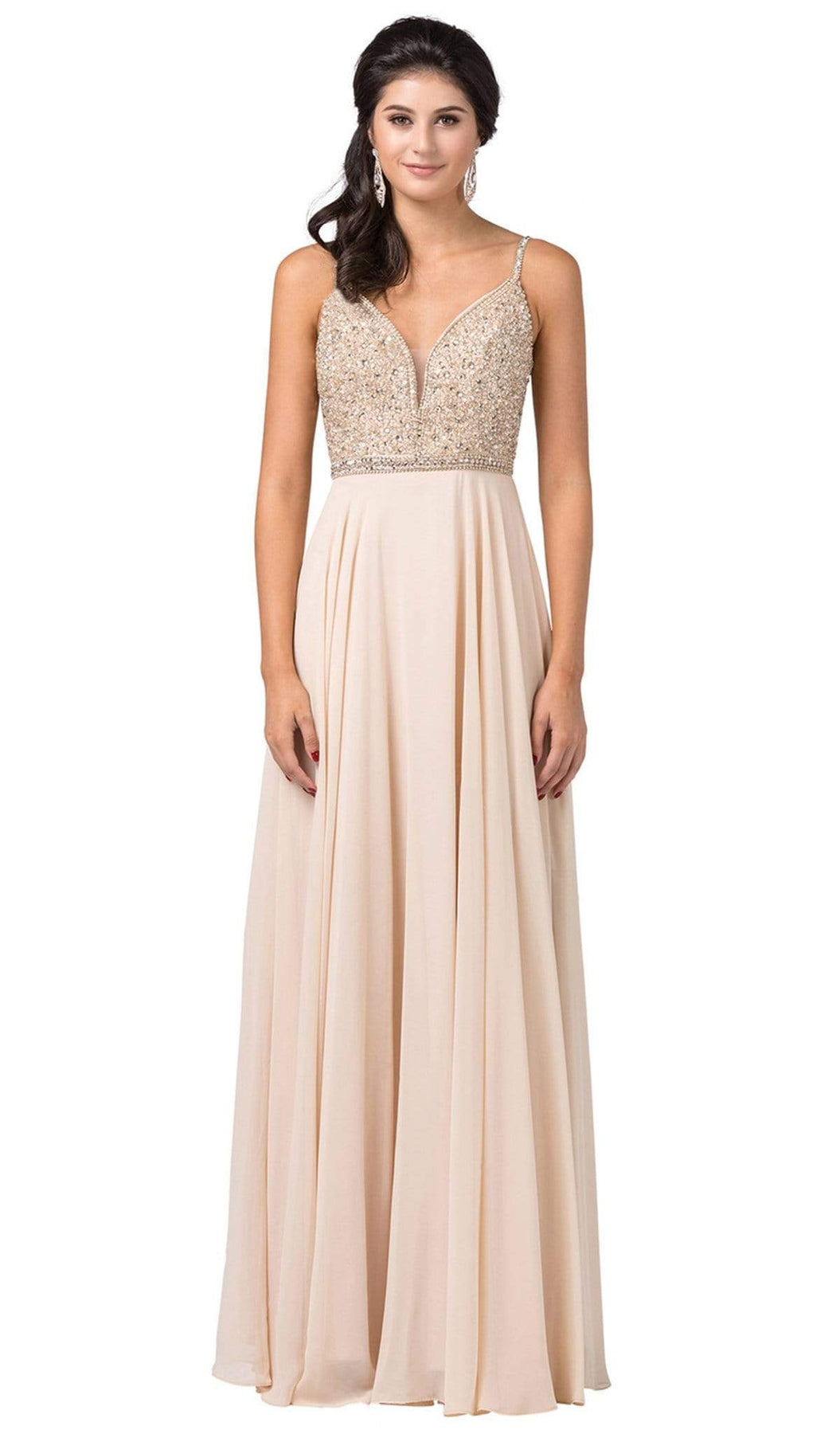 Dancing Queen - 2493 Jewel Beaded A-Line Chiffon Gown Prom Dresses XS / Champagne