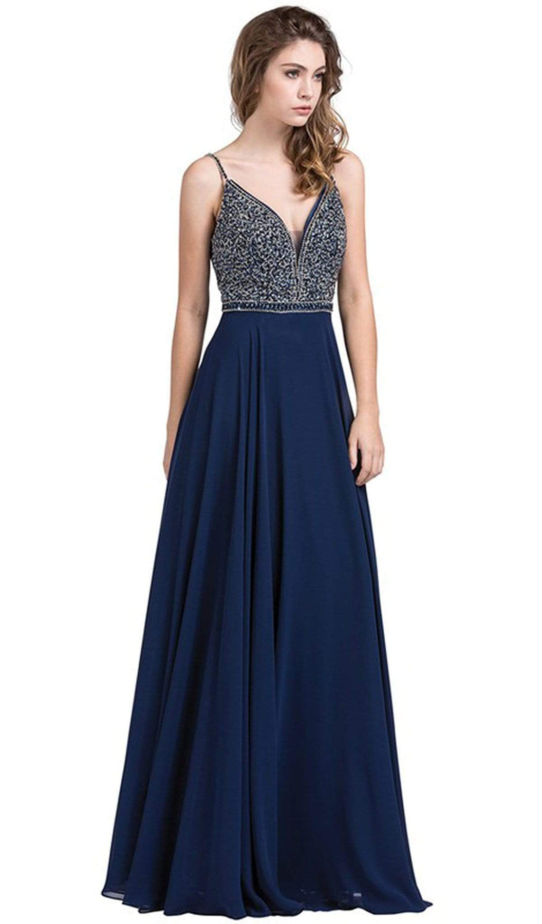 Dancing Queen - 2493 Jewel Beaded A-Line Chiffon Gown Prom Dresses XS / Navy