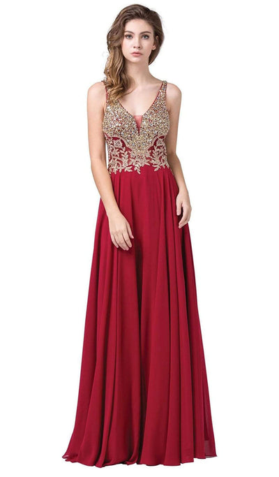 Dancing Queen - 2494 Jewel Encrusted Bodice A-Line Chiffon Gown Prom Dresses XS / Burgundy