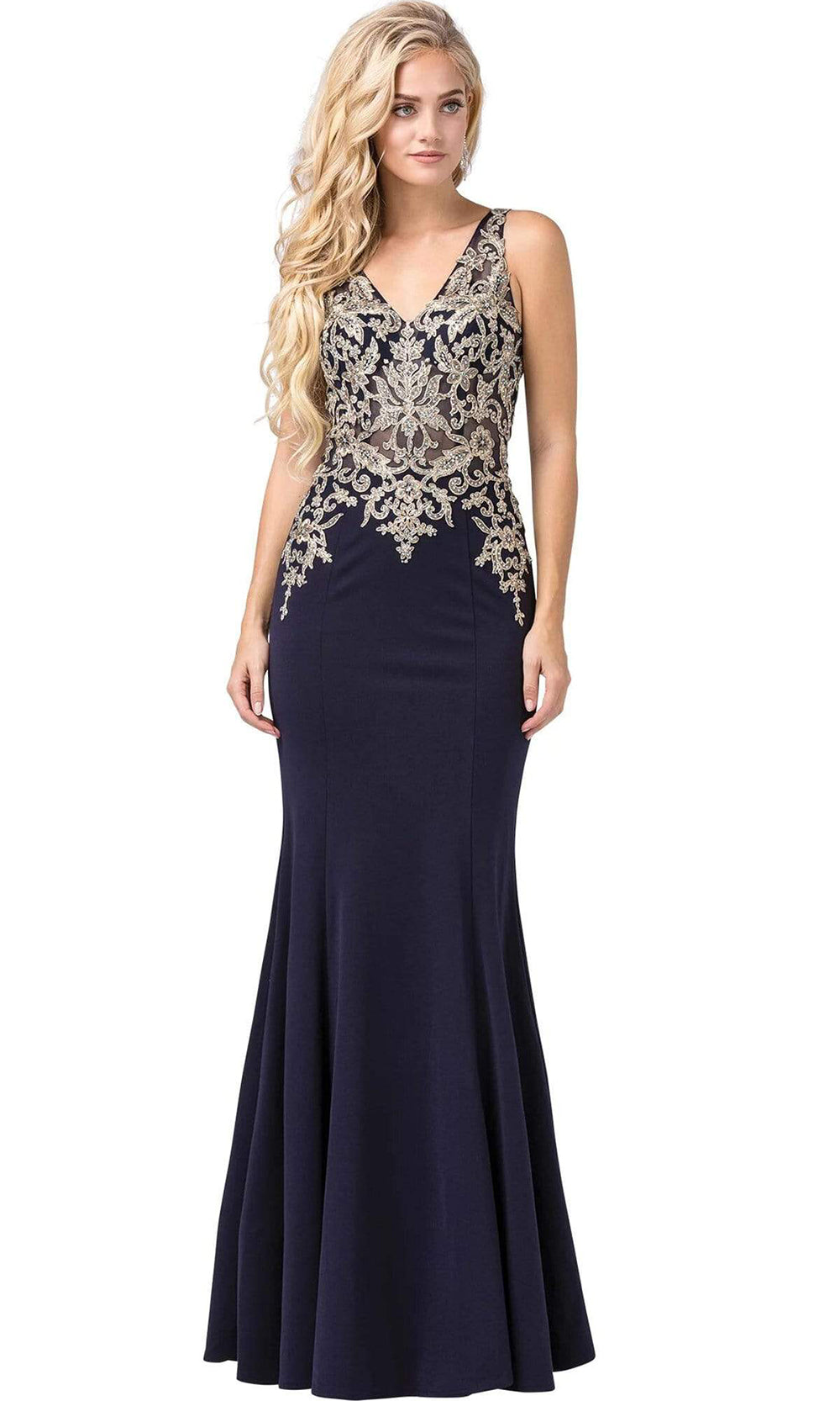 Dancing Queen - Sleeveless V-Back Embroidered Trumpet Gown 2496SC In Blue