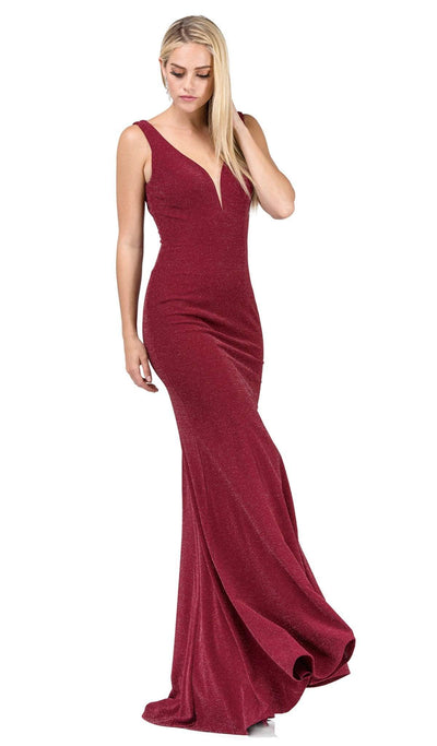 Dancing Queen - 2497 Shimmer Fabric Plunging Neck Fitted Prom Dress Special Occasion Dress XS / Burgundy