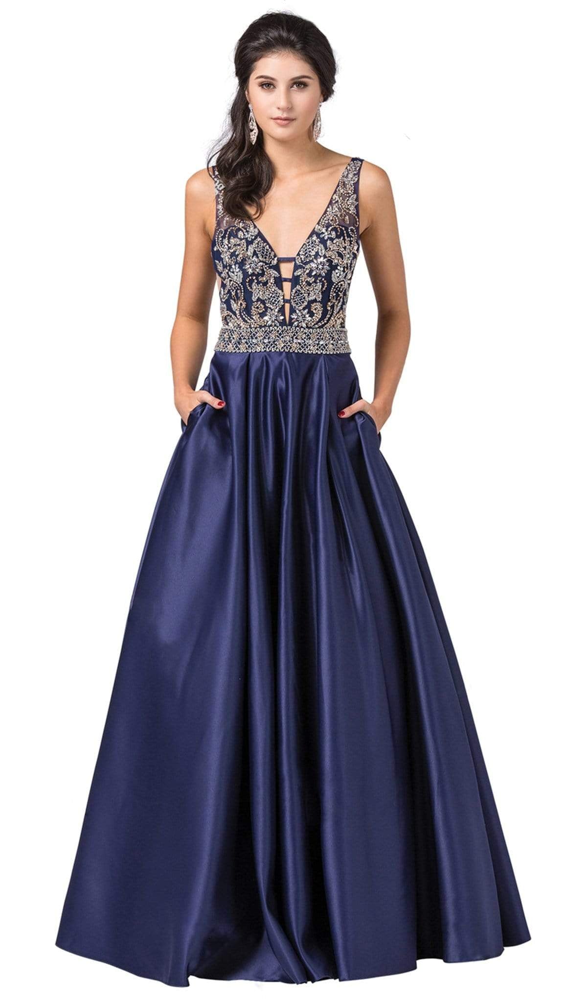 Dancing Queen - 2512  Intricate Beaded Ladder Banded Plunge Gown Special Occasion Dress XS / Navy