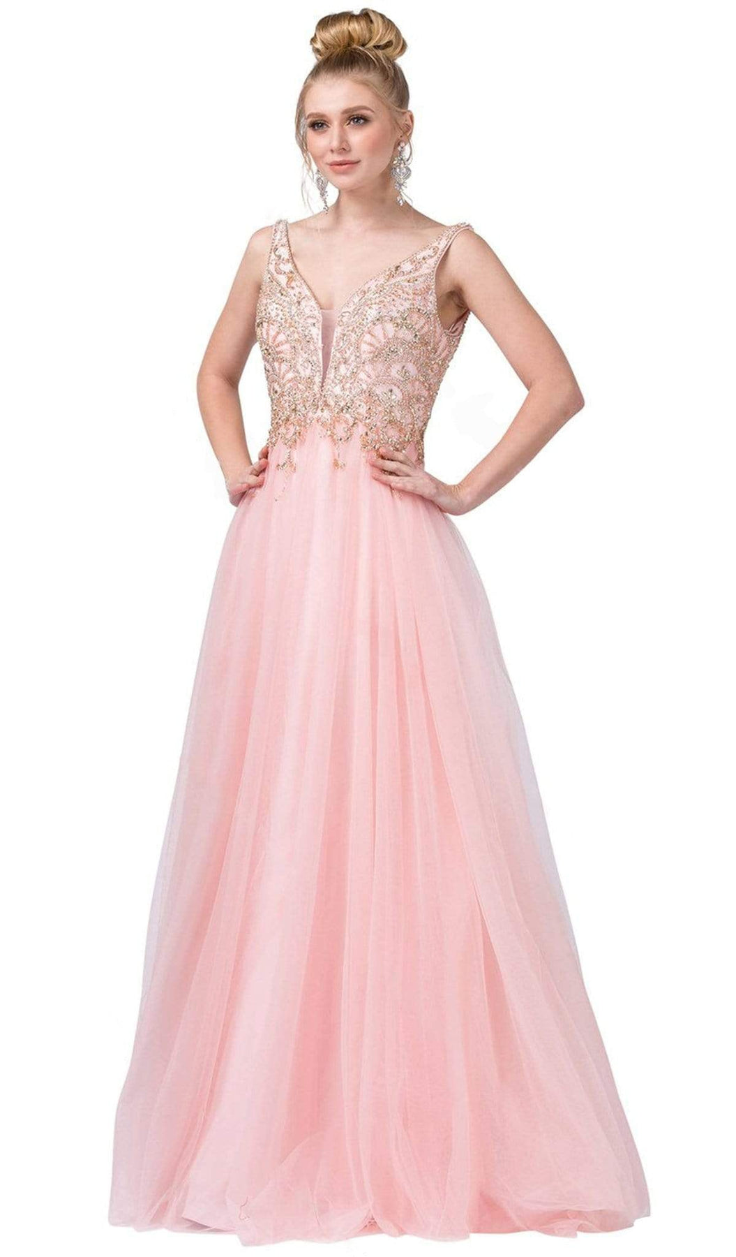 Dancing Queen - 2514 Plunging V-Neck Bejeweled Bodice A-Lin Gown Special Occasion Dress XS / Blush