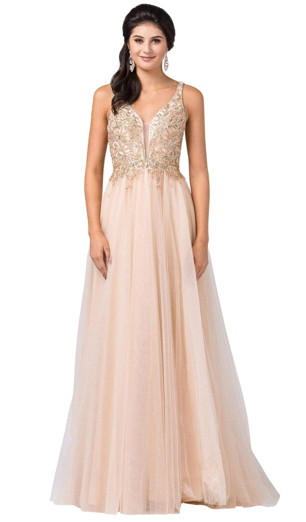 Dancing Queen - 2514 Plunging V-Neck Bejeweled Bodice A-Lin Gown Special Occasion Dress XS / Champagne