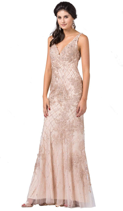 Dancing Queen - 2515 Deep V-Neck Beaded Trumpet Gown Special Occasion Dress XS / Champagne