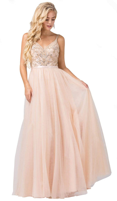 Dancing Queen - 2519 Sleeveless Embroidered Bodice Tulle Gown Prom Dresses XS / Champagne