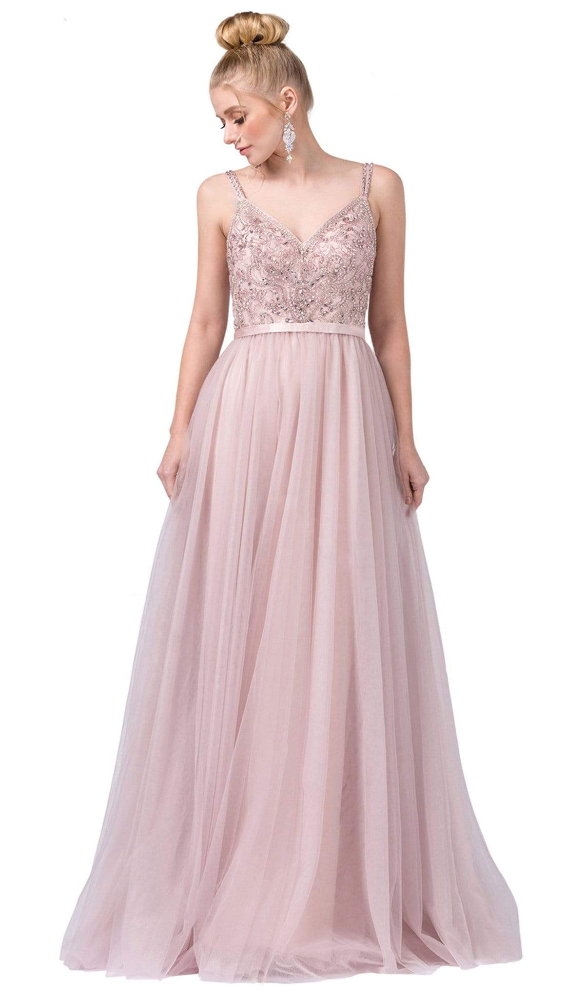 Dancing Queen - 2519 Sleeveless Embroidered Bodice Tulle Gown Prom Dresses XS / Dusty Pink