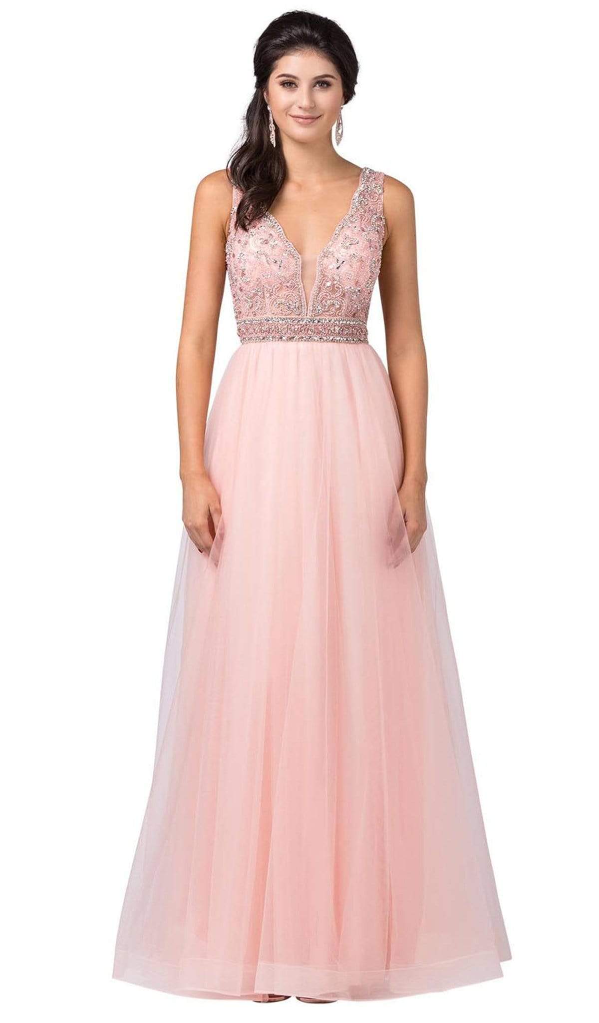 Dancing Queen - 2520 Embellished Deep V-neck A-line Gown Special Occasion Dress XS / Blush