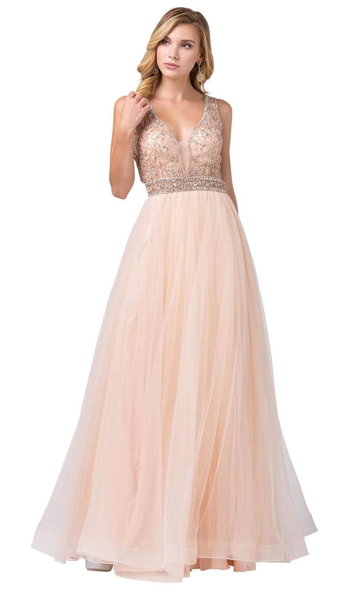 Dancing Queen - 2520 Embellished Deep V-neck A-line Gown Special Occasion Dress XS / Champagne