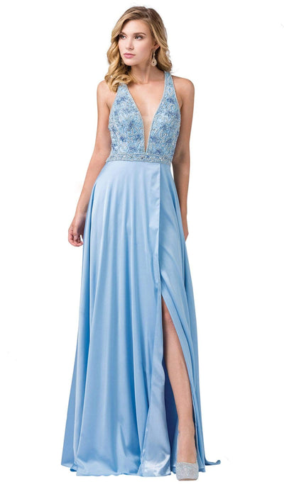 Dancing Queen - 2527 Beaded Crisscrossed Back High Slit Gown Prom Dresses XS / Sky Blue