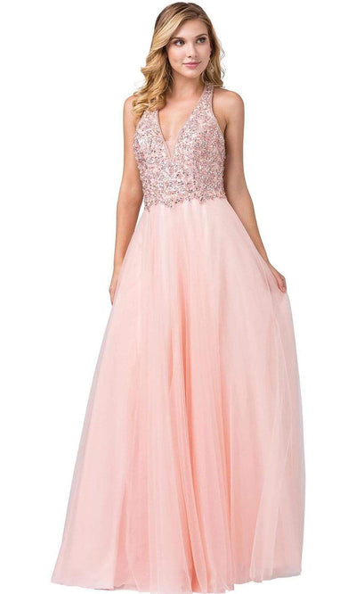 Dancing Queen - 2532 Beaded Sheer Deep Halter V-neck A-line Gown - 1 pc Blush In Size S Available CCSALE S / Blush
