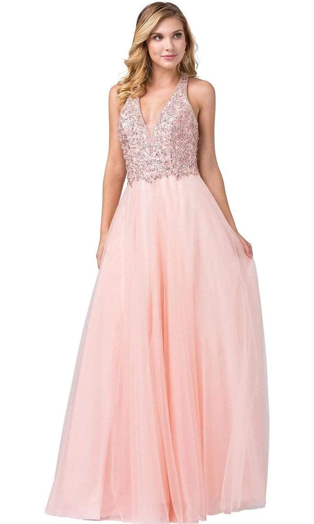 Dancing Queen - 2532 Embellished Deep Halter V-neck A-line Gown Special Occasion Dress XS / Blush