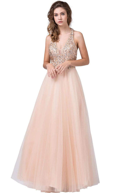 Dancing Queen - 2532 Beaded Sheer Deep Halter V-neck A-line Gown - 1 pc Blush In Size S Available CCSALE S / Blush