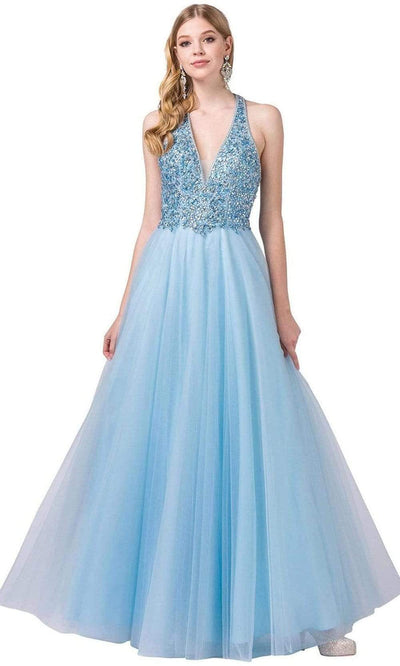 Dancing Queen - 2532 Embellished Deep Halter V-neck A-line Gown Special Occasion Dress XS / Sky Blue