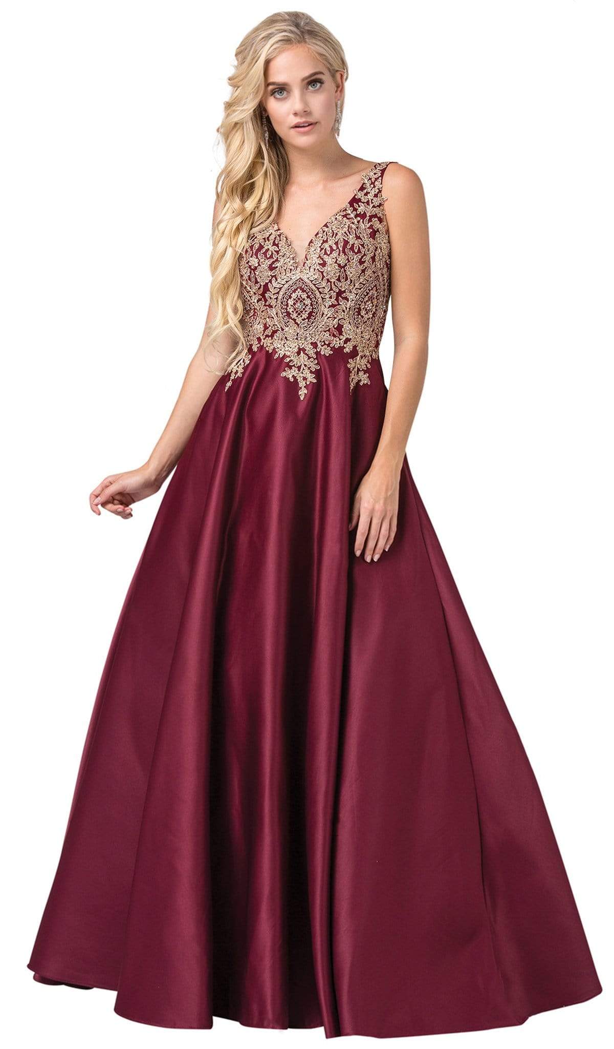 Dancing Queen - 2533 Gold Embellished Lace Bodice Satin A-Line Gown Special Occasion Dress XS / Burgundy
