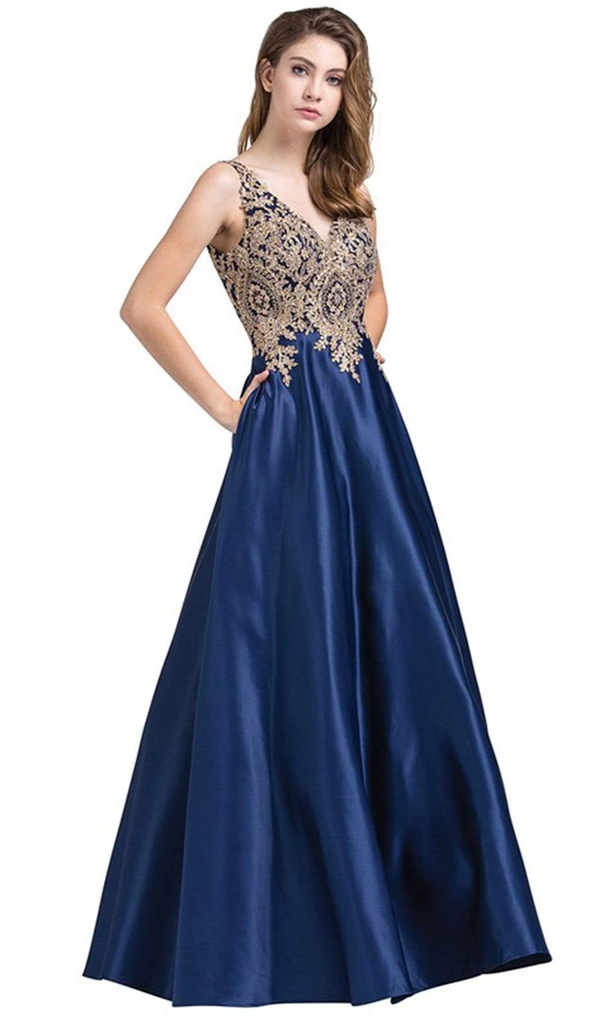 Dancing Queen - 2533 Gold Embellished Lace Bodice Satin A-Line Gown Special Occasion Dress XS / Navy