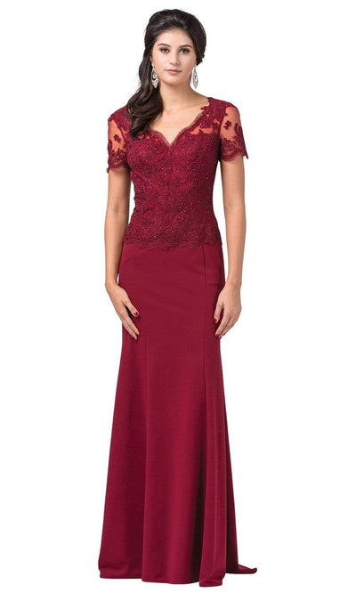 Dancing Queen - 2535 Short Sleeve Jeweled Appliqued Illusion Gown Special Occasion Dress XS / Burgundy
