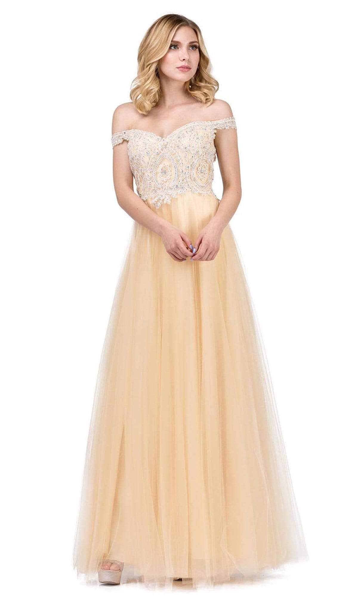 Dancing Queen - 2538 Embroidered Off-Shoulder A-line Gown Special Occasion Dress XS / Champagne