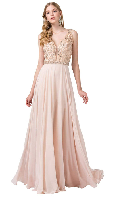 Dancing Queen - 2552 Scallop-Trimmed Plunging V-Neck A-Line Gown Prom Dresses XS / Champagne
