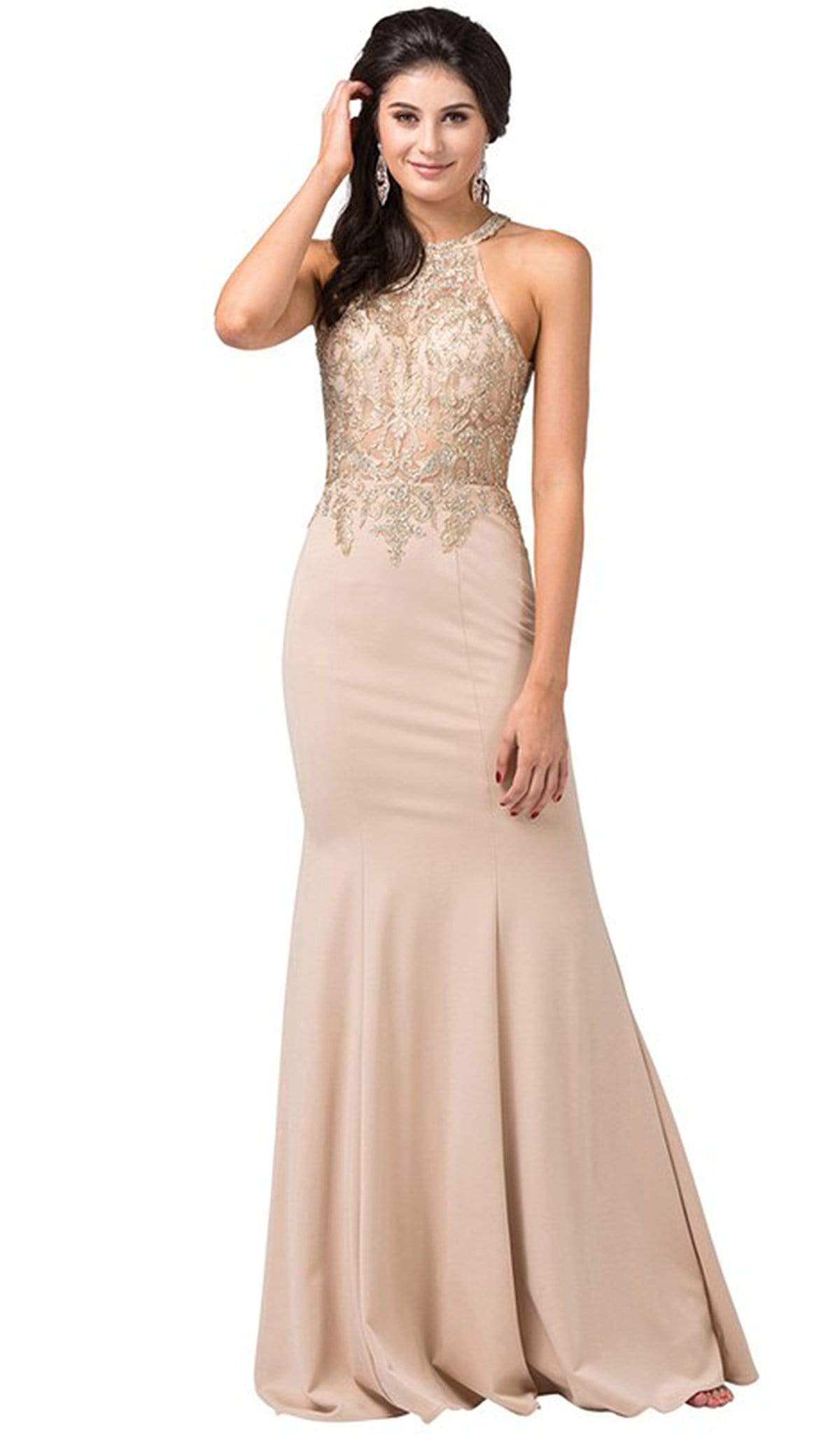 Dancing Queen - 2555 Embroidered Halter Long Trumpet Gown Special Occasion Dress XS / Champagne