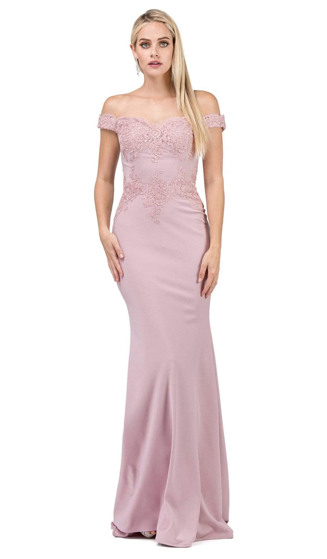 Dancing Queen - 2562 Lace Applique Off-Shoulder Fitted Prom Dress Prom Dresses XS / Dusty Pink