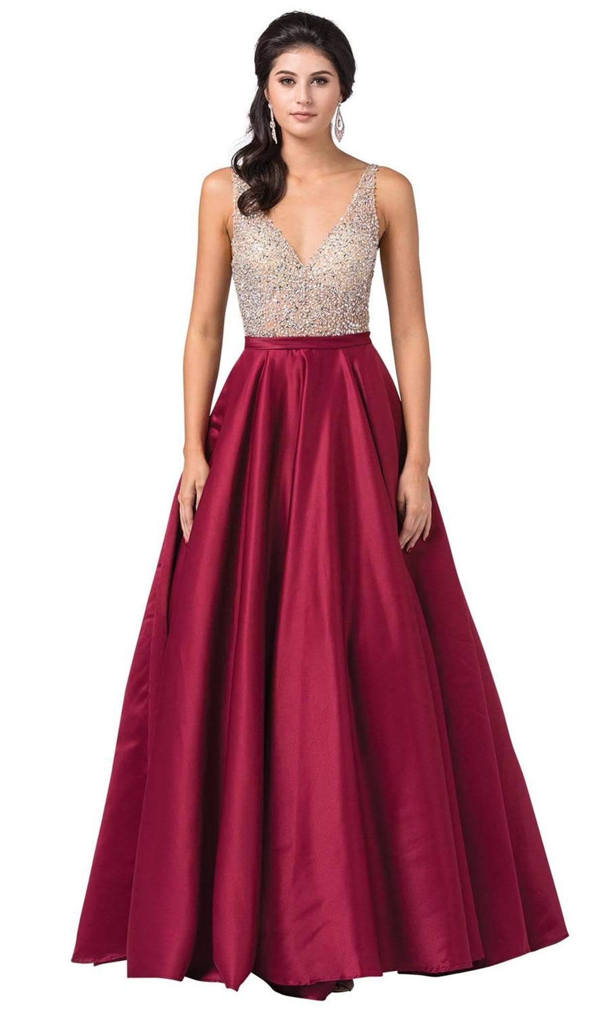 Dancing Queen - 2568 Embellished Plunging V-neck Ballgown Special Occasion Dress XS / Burgundy