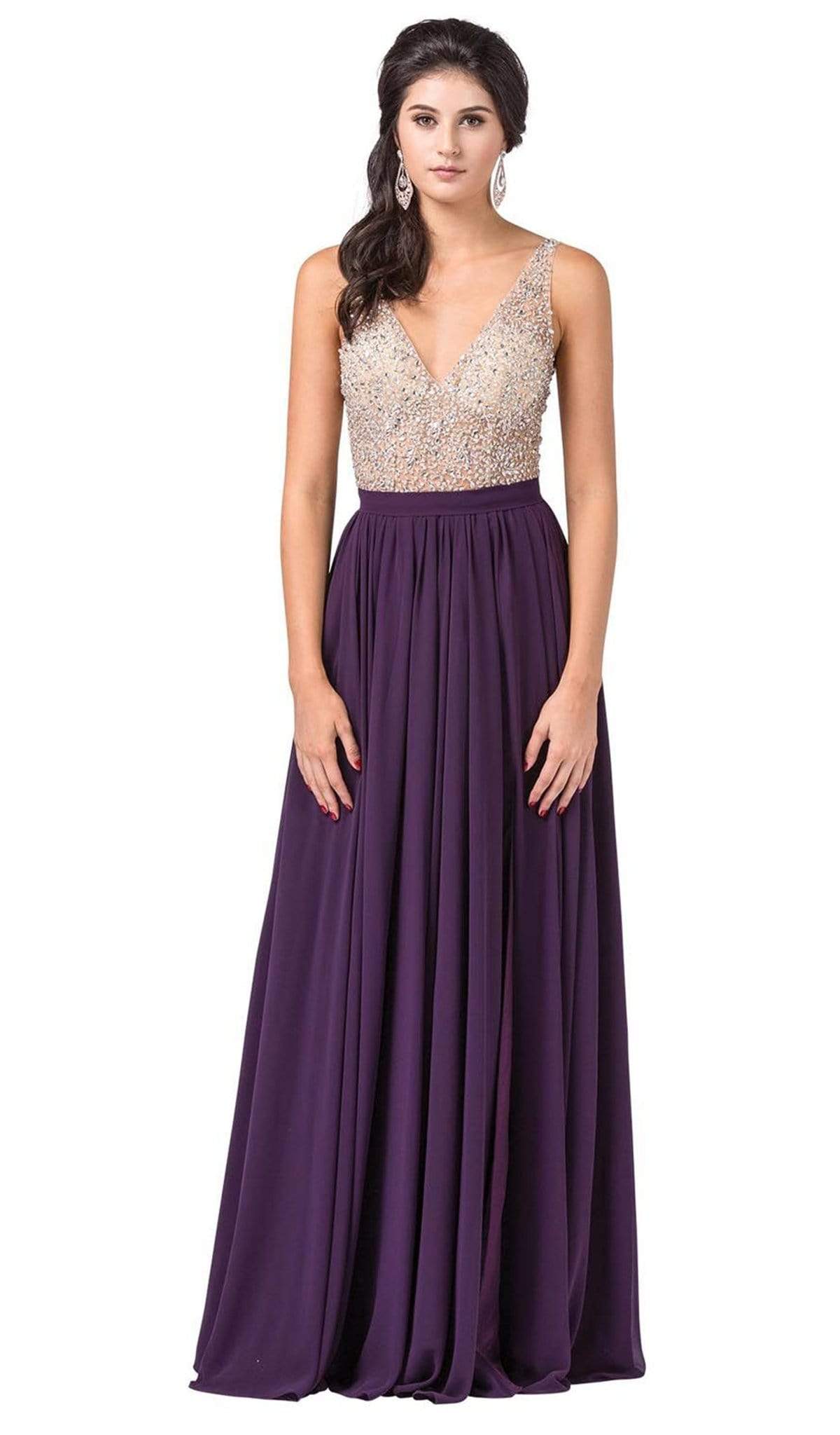 Dancing Queen - 2569 Illusion Beaded Bodice Flowy Prom Dress Prom Dresses XS / Plum