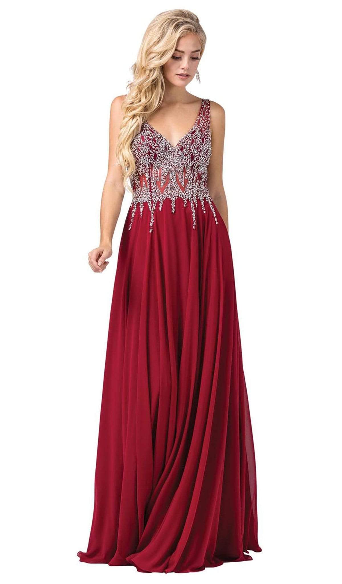 Dancing Queen - 2570 Jewel Ornate Illusion Bodice Chiffon Prom Dress Special Occasion Dress XS / Burgundy