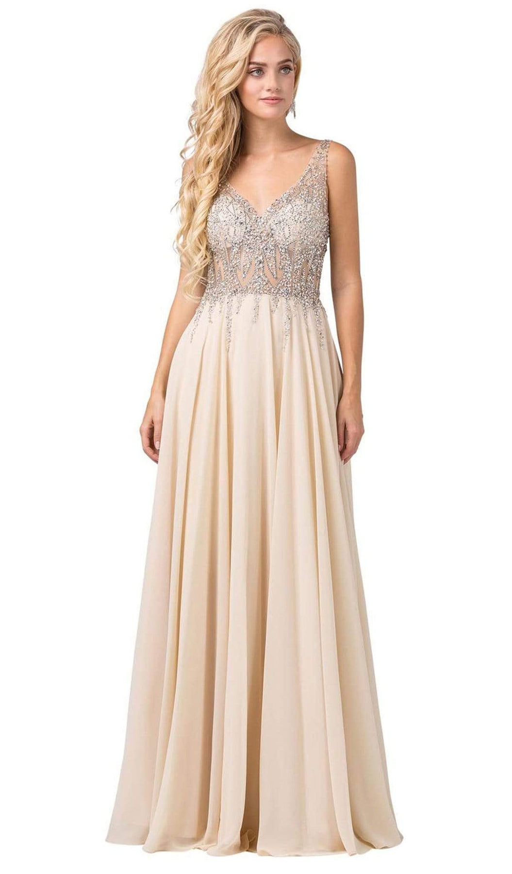 Dancing Queen - 2570 Jewel Ornate Illusion Bodice Chiffon Prom Dress Special Occasion Dress XS / Champagne