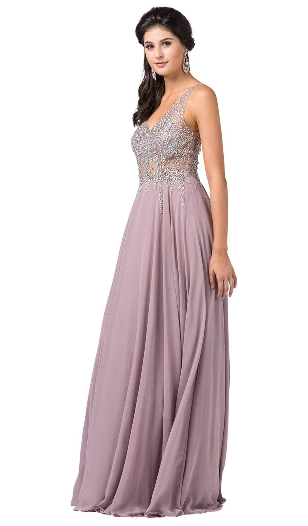 Dancing Queen - 2570 Jewel Ornate Illusion Bodice Chiffon Prom Dress Special Occasion Dress XS / Mocha
