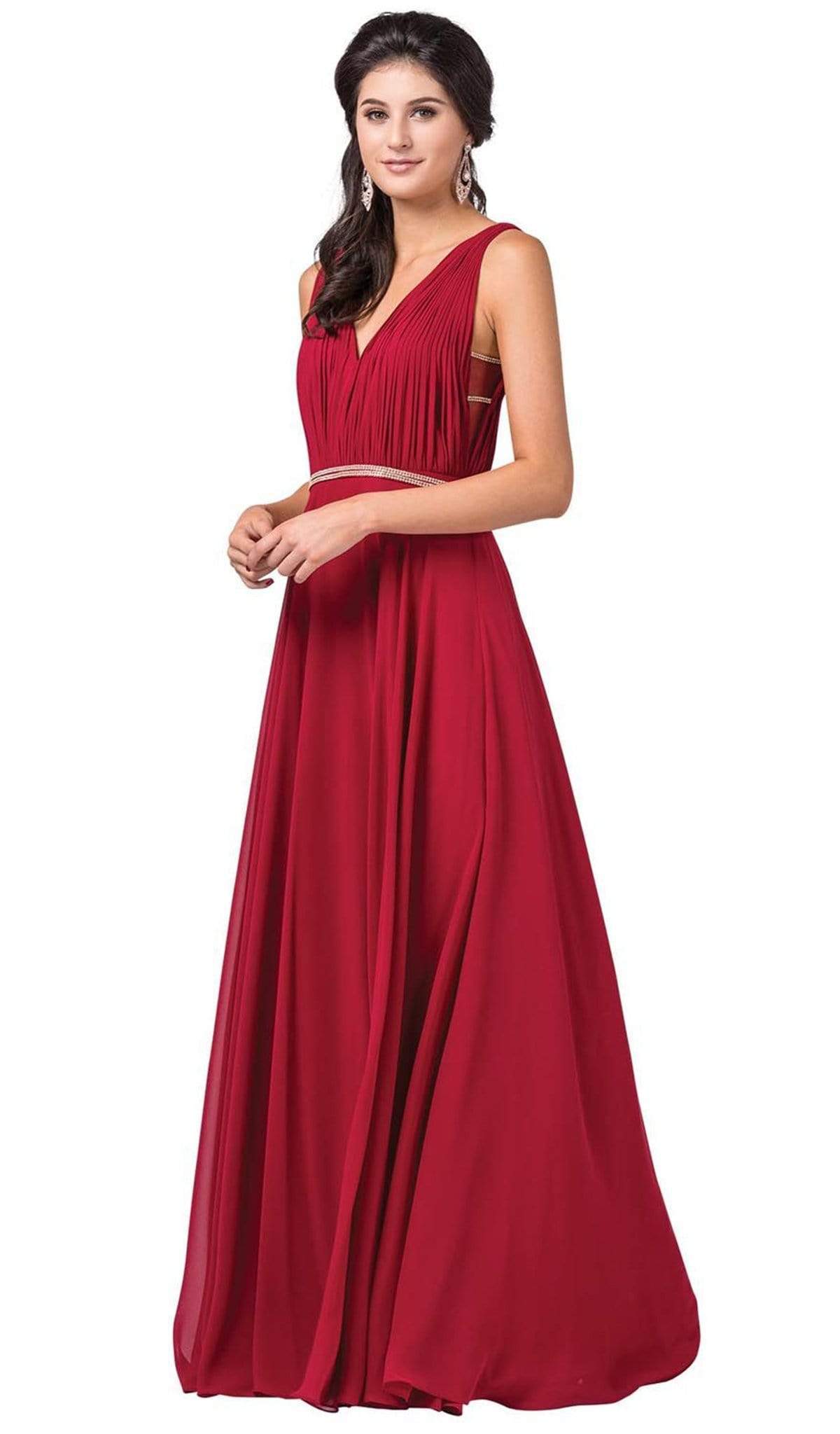 Dancing Queen - 2588 Ruched Bodice A-Line Gown with Rhinestone Belt Special Occasion Dress XS / Burgundy