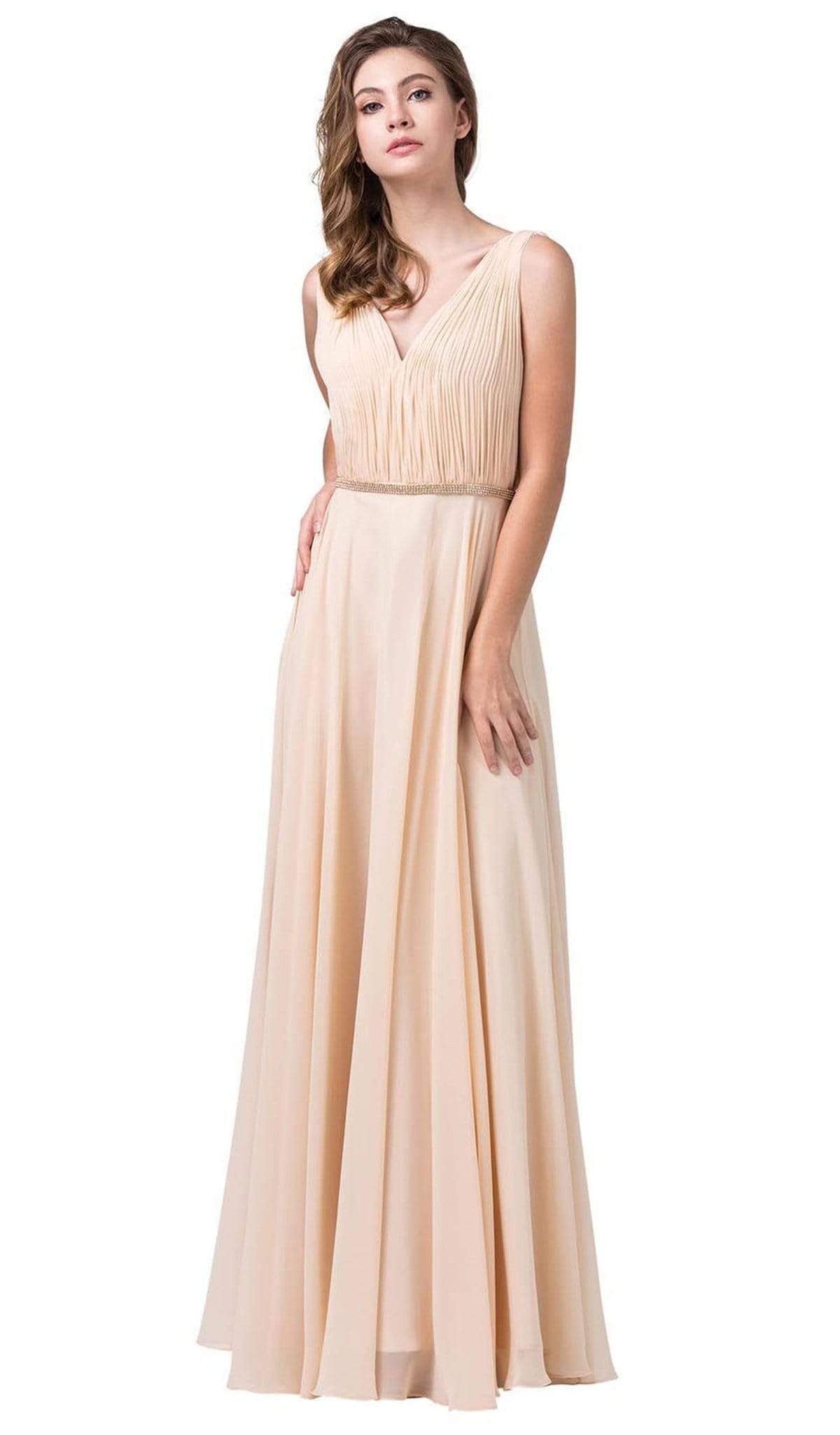 Dancing Queen - 2588 Ruched Bodice A-Line Gown with Rhinestone Belt Special Occasion Dress XS / Champagne