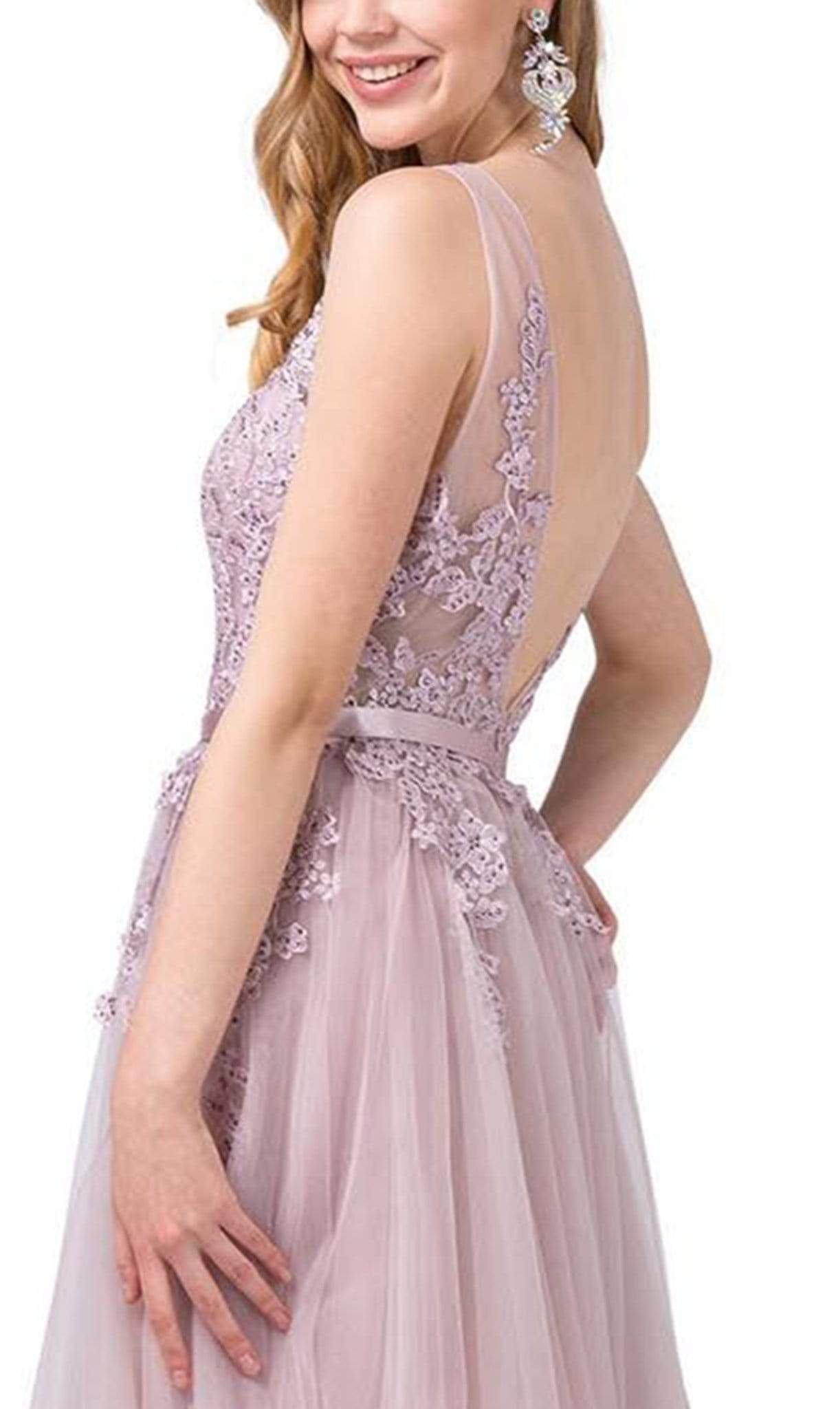 Dancing Queen - 2596 Illusion Plunging Neck Floral Applique Tulle Gown Special Occasion Dress