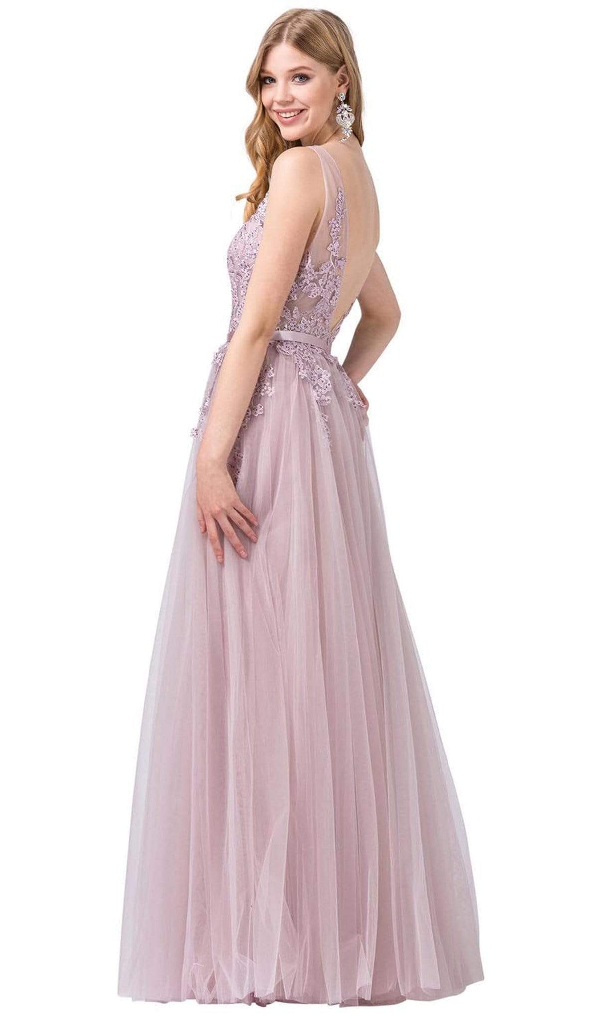 Dancing Queen - 2596 Illusion Plunging Neck Floral Applique Tulle Gown Special Occasion Dress