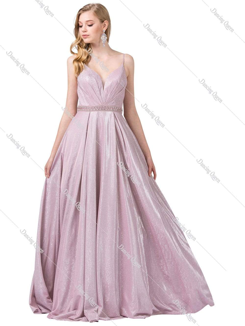 Dancing Queen - 2613 Pleated Bodice Metallic A-Line Gown Prom Dresses XS / Dusty Pink