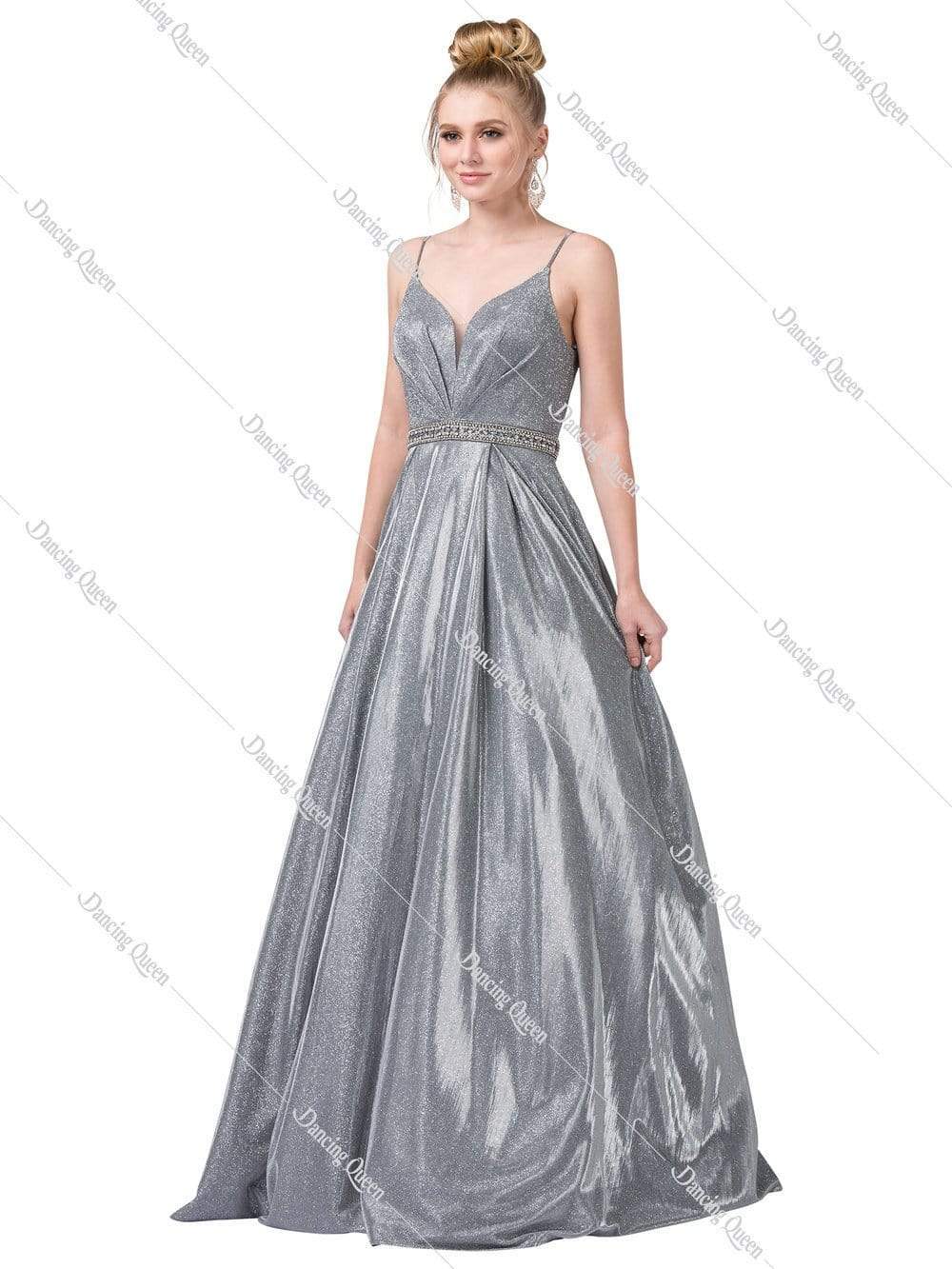Dancing Queen - 2613 Pleated Bodice Metallic A-Line Gown Prom Dresses XS / Silver