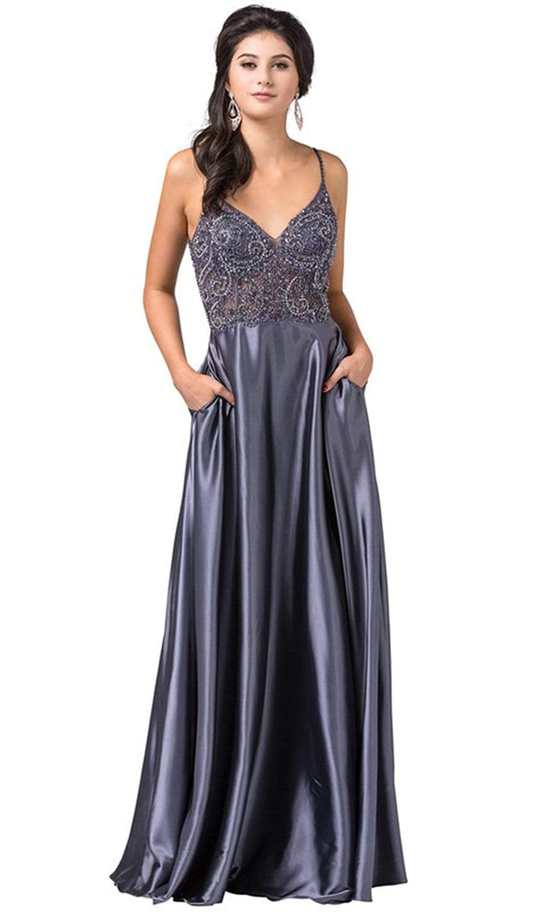 Dancing Queen - 2614 Embellished V-neck A-line Dress Special Occasion Dress XS / Charcoal