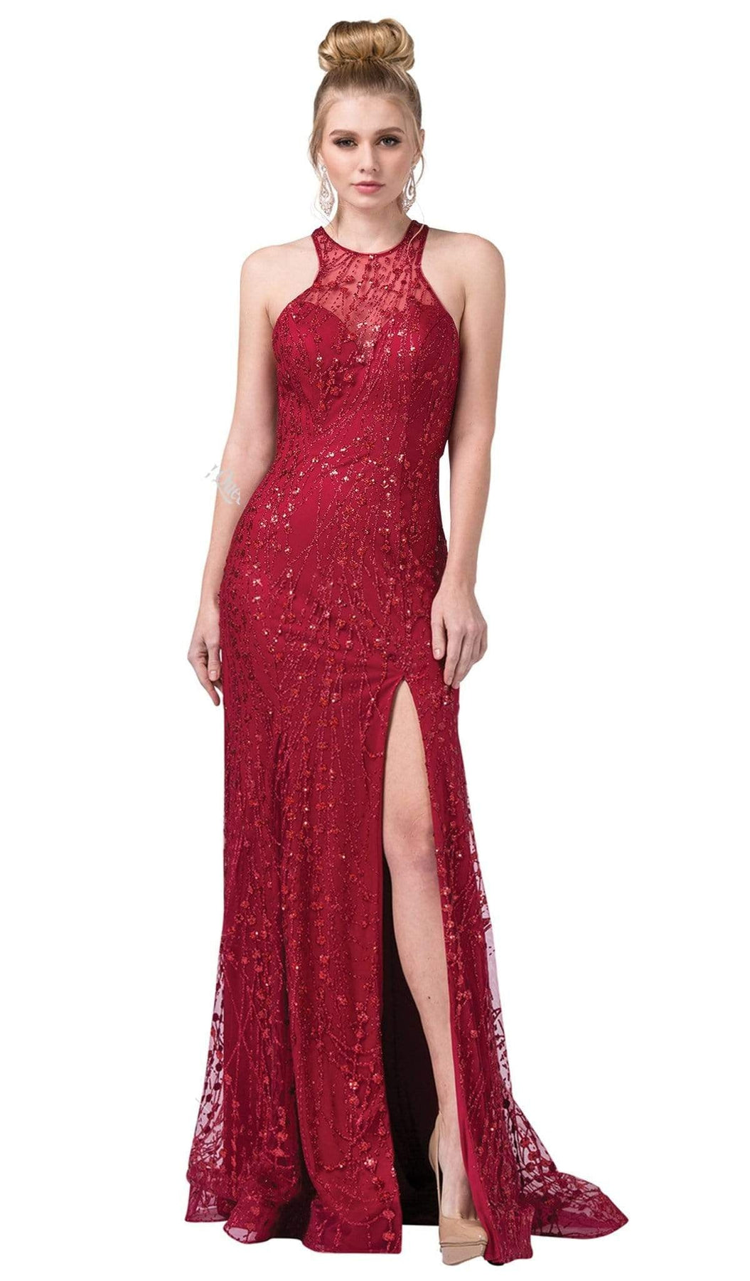 Dancing Queen - 2618 Embellished Mesh Sexy Back Long Slit Gown Special Occasion Dress XS / Burgundy