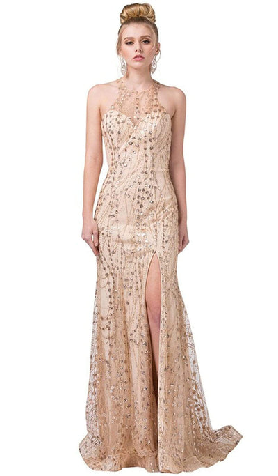 Dancing Queen - 2618 Embellished Mesh Sexy Back Long Slit Gown Special Occasion Dress XS / Gold