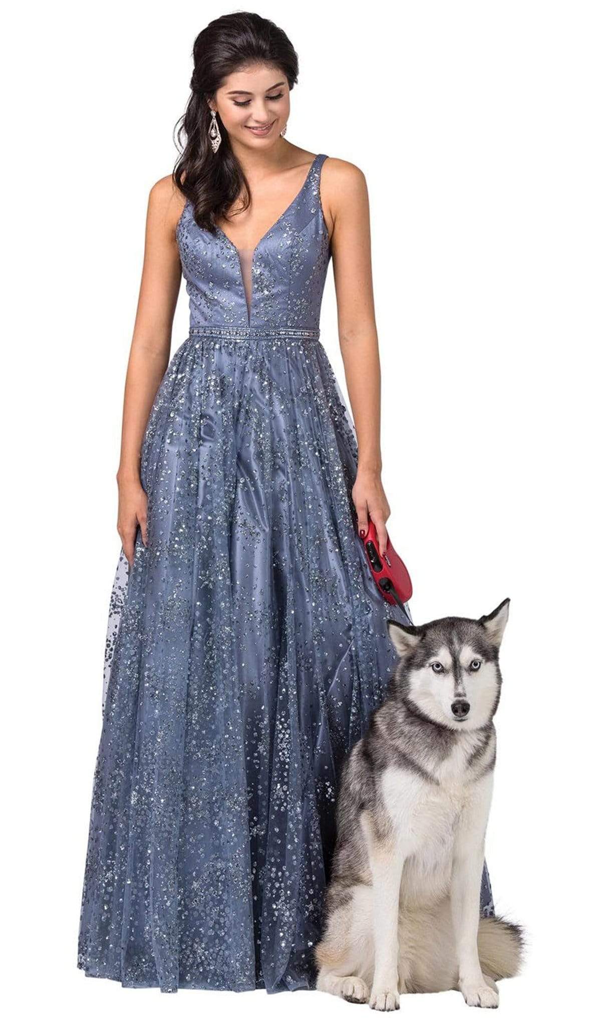 Dancing Queen - 2650 Embellished Deep V-neck A-line Gown Special Occasion Dress XS / Steel Blue